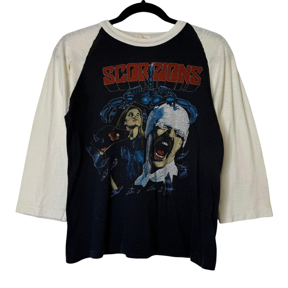 VTG 1984 SCORPIONS 3/4 SLEEVE CONCERT TOUR T SHIRT LARGE 80s RAGLAN ROCK BAND